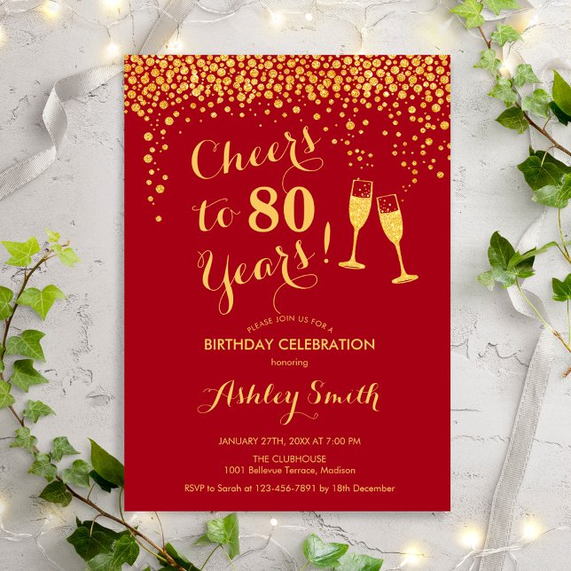 Invitation 80e Anniversaire - Joyeux À 80 Ans Or Rouge (Créateur téléchargé)