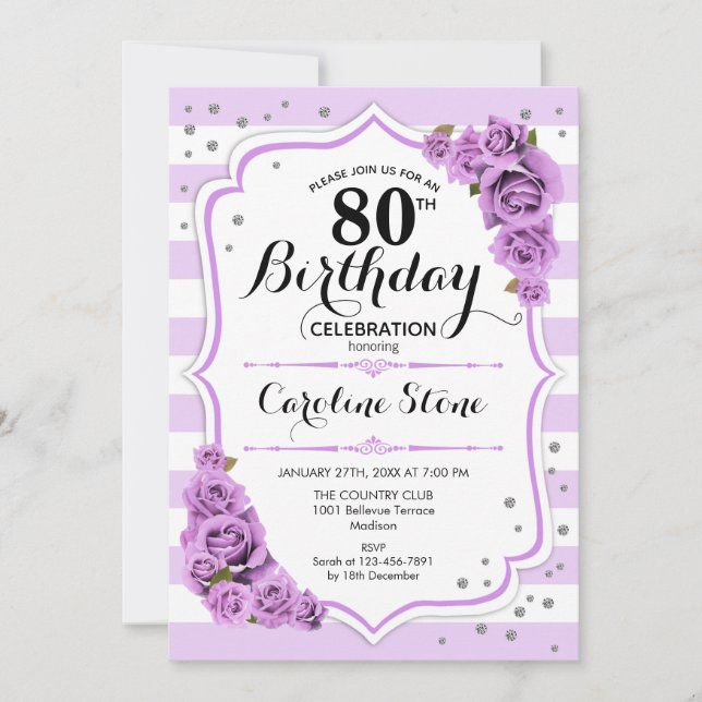 Invitation 80e anniversaire - Lavande Blanc Fleurs pourpres (Devant)