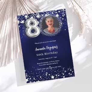 Invitation 80e anniversaire marine bleu argent étoiles photo 