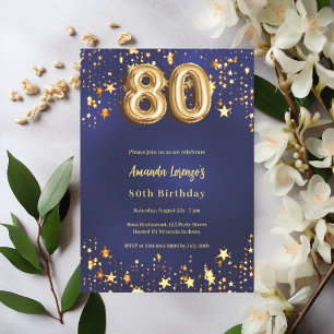 Invitation 80e anniversaire marine bleu or étoiles