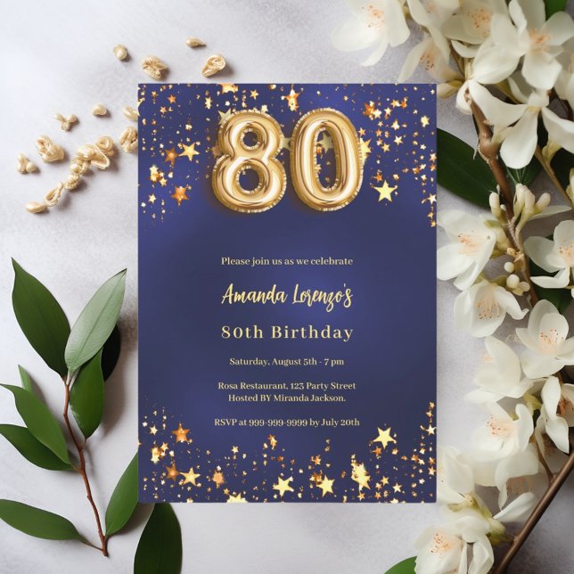 Invitation 80e anniversaire marine bleu or étoiles (Créateur téléchargé)