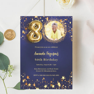 Invitation 80e anniversaire marine bleu or étoiles photo