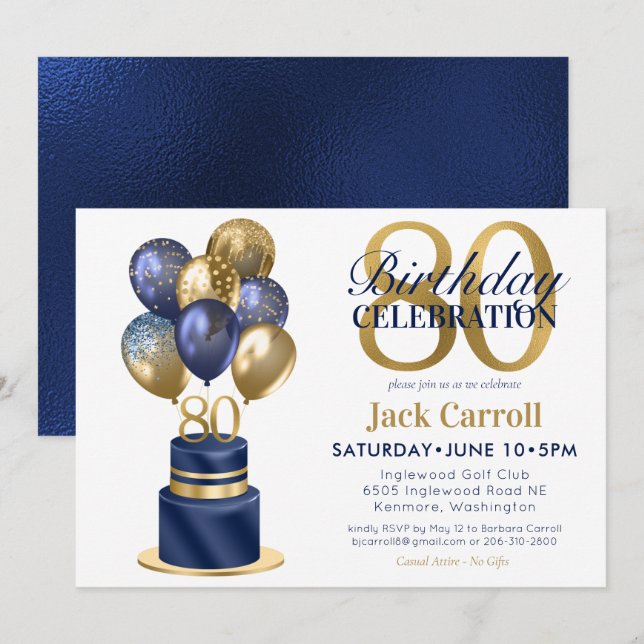 Invitation 80e anniversaire Marine Blue Balloon Cake (Devant / Derrière)
