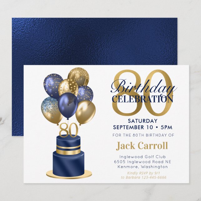Invitation 80e anniversaire Marine Blue Balloon Cake (Devant / Derrière)