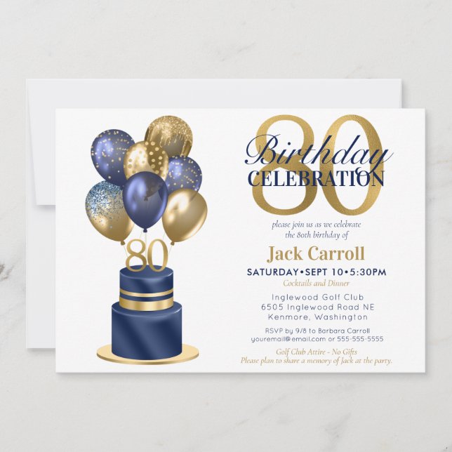 Invitation 80e anniversaire Marine Blue Balloon Cake (Devant)