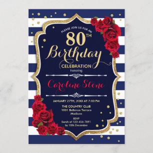 Invitation 80e anniversaire - Marine White Stripes et Red Ros