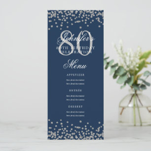 Invitation 80e anniversaire Menu Argent Confetti Marine Bleu