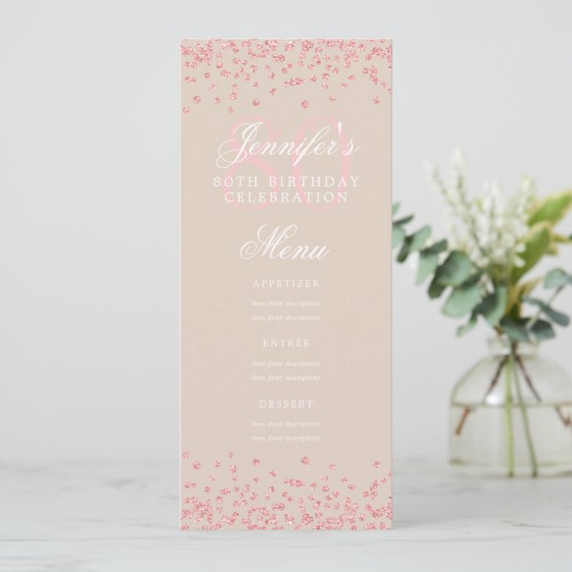 Invitation 80e Anniversaire Menu Rose Gold Confetti Champagne (Debout devant)