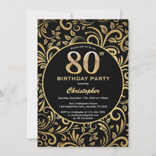 Invitation 80e anniversaire Modèle floral noir et or