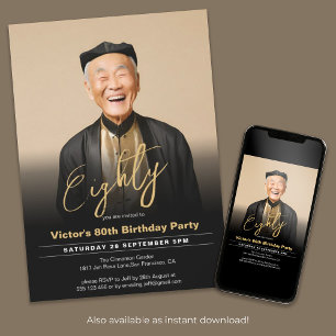 Invitation 80e anniversaire moderne Black Gold minimal photo