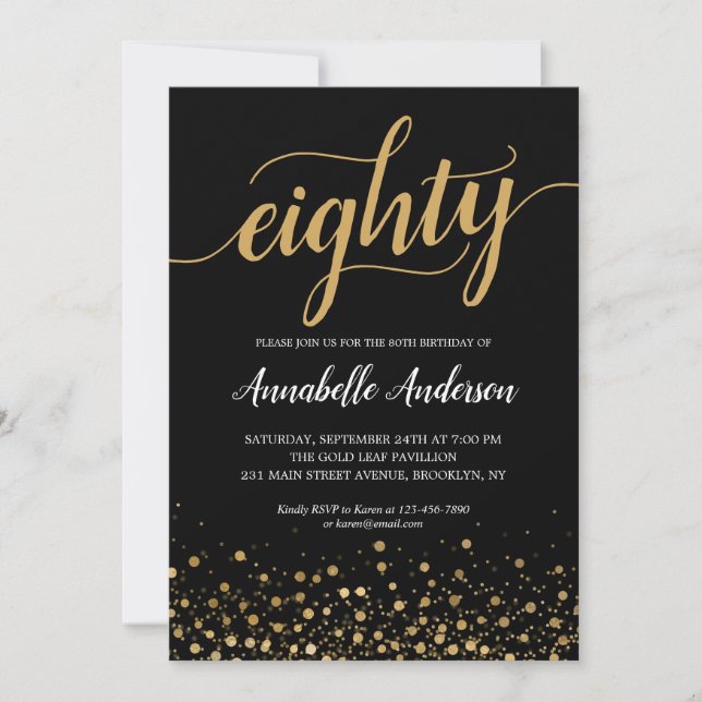 Invitation 80e anniversaire moderne Noir Confetti Script (Devant)