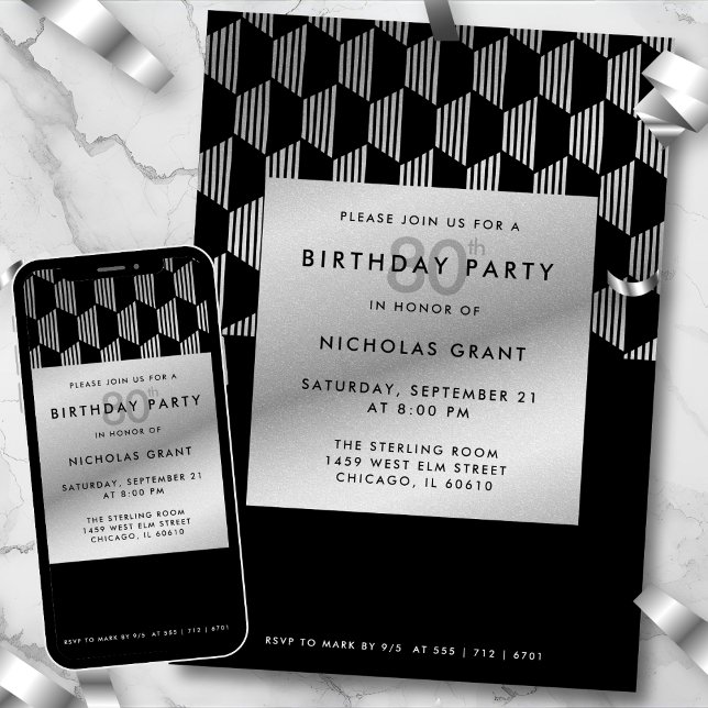 Invitation 80e Anniversaire Moderne Noir Faux Feuille d'Argen (Créateur téléchargé)