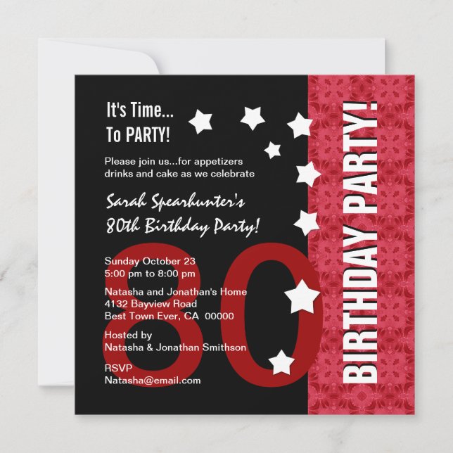 Invitation 80e anniversaire Moderne Rouge et Noir Funny D80A (Devant)