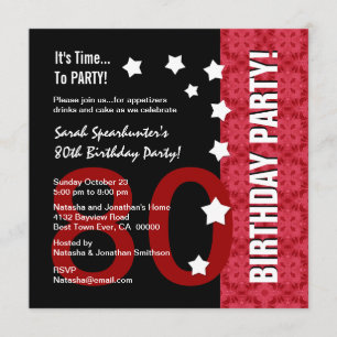 Invitation 80e anniversaire Moderne Rouge et Noir Funny D80A