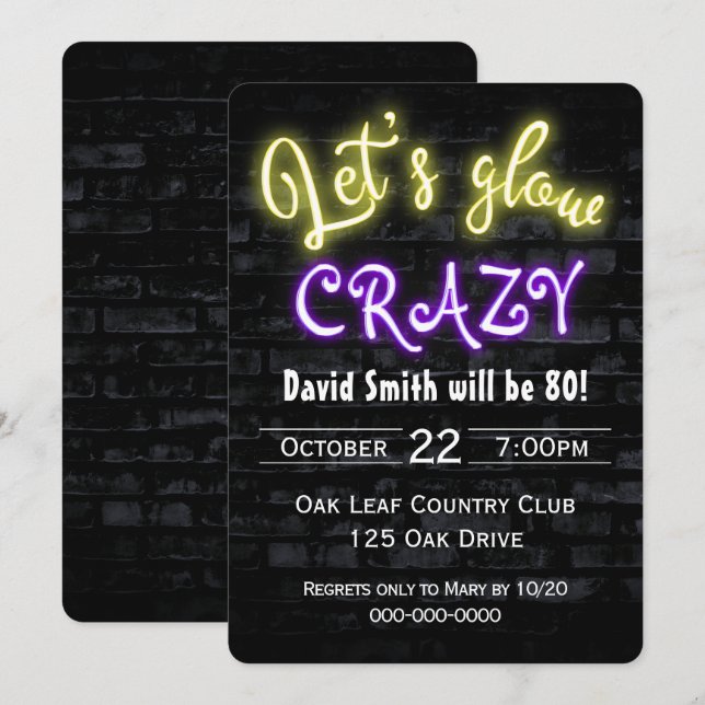 Invitation 80e anniversaire Neon Llow Sign on Brick (Devant / Derrière)