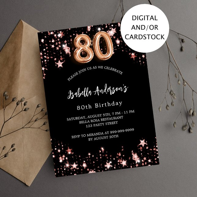 Invitation 80e anniversaire noir rose étoiles d'or (Créateur téléchargé)