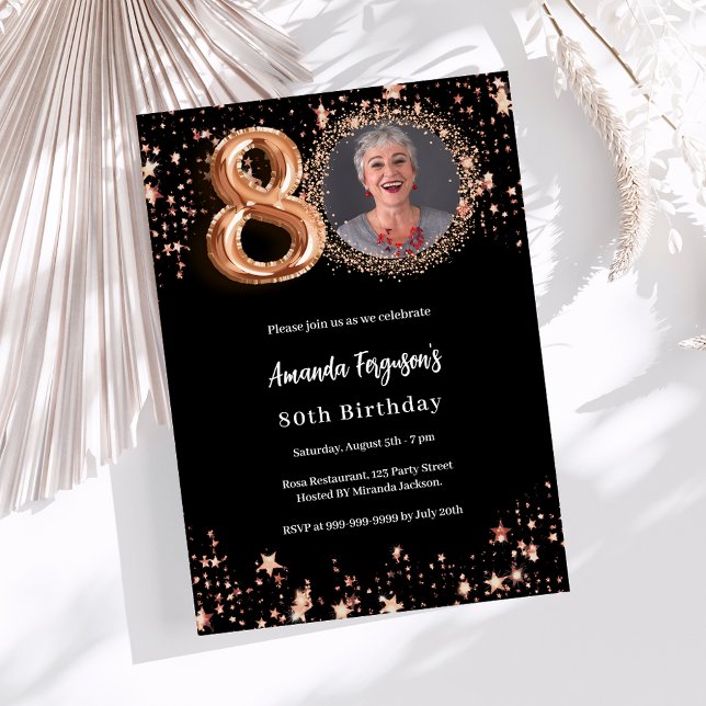 Invitation 80e anniversaire noir rose étoiles photo or (Créateur téléchargé)