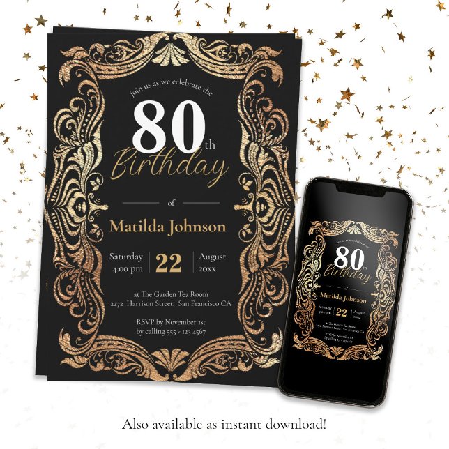 Invitation 80e Anniversaire Or Noir Glamour Boho Élégant (80th Birthday Gold Black Glamorous Boho Elegant Invitation)