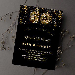 Invitation 80e anniversaire or noir luxe empreinte de léopard