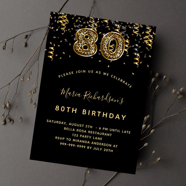 Invitation 80e anniversaire or noir luxe empreinte de léopard (Créateur téléchargé)
