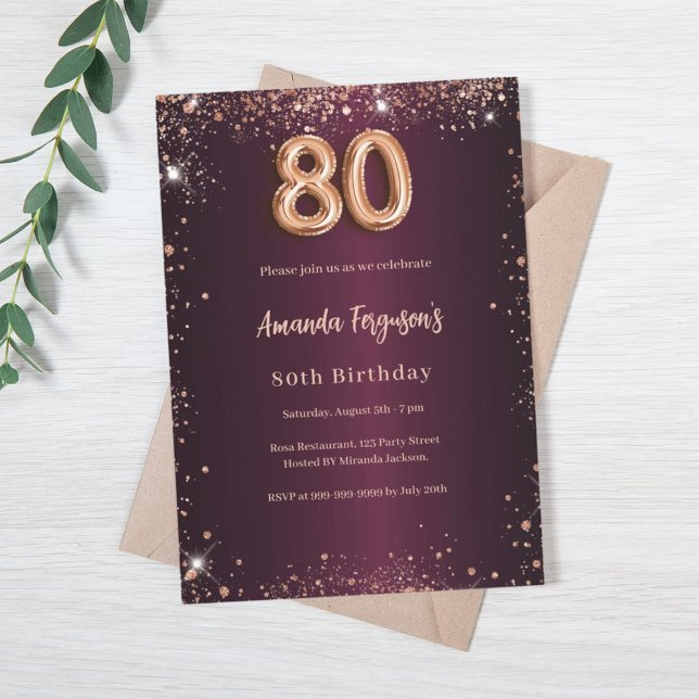 Invitation 80e anniversaire or rose bordeaux (Créateur téléchargé)