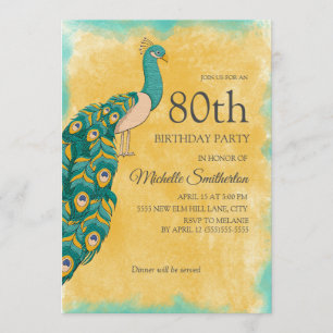 Invitation 80e Anniversaire Paon Aquarelle Sarcelle Jaune
