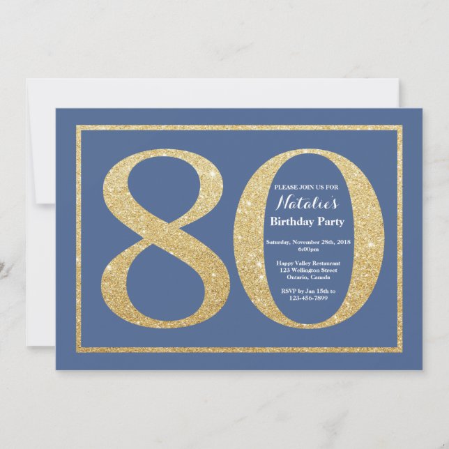 Invitation 80e anniversaire Parties scintillant bleue et or (Devant)