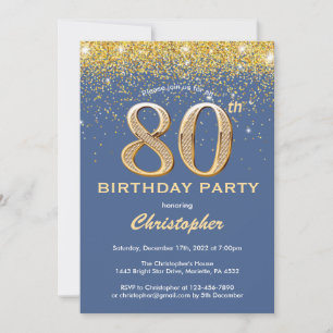 Invitation 80e anniversaire Parties scintillant bleue et or C