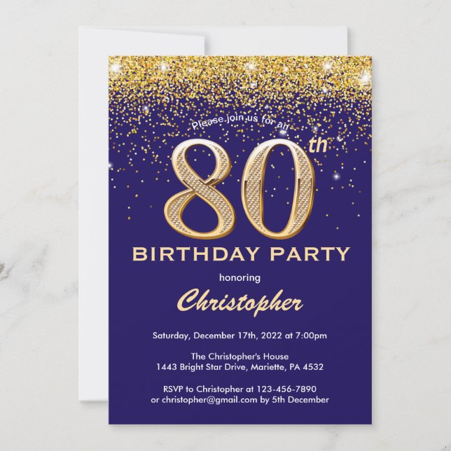 Invitation 80e anniversaire Parties scintillant Noir et Or Co (Devant)