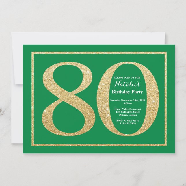 Invitation 80e anniversaire Parties scintillant verte et Gold (Devant)