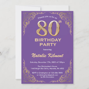 Invitation 80e anniversaire Parties scintillant violet et or