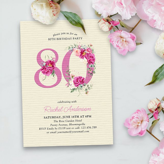 Invitation 80e anniversaire Peony rose Floral Numéro 80 (80th Birthday Invitation with pink floral number 80 - elegant vintage design with roses and peonies)
