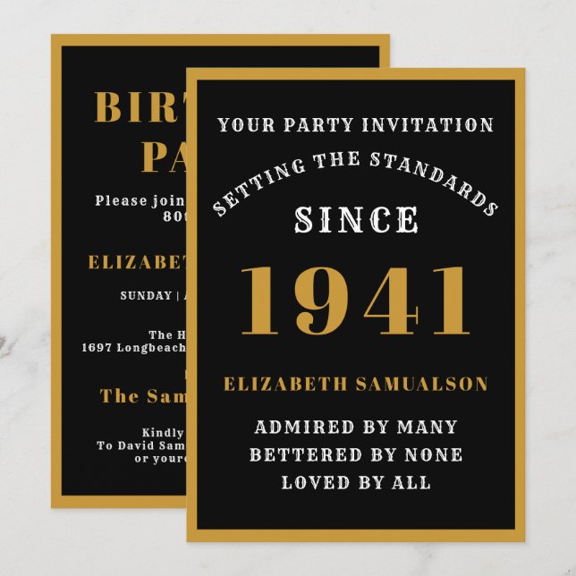 Invitation 80e anniversaire personnalisé 1941 Elégant Black G (Devant / Derrière)