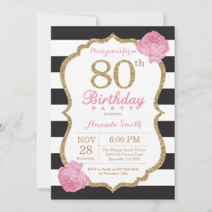 Invitation 80e anniversaire Pink Black Gold Floral