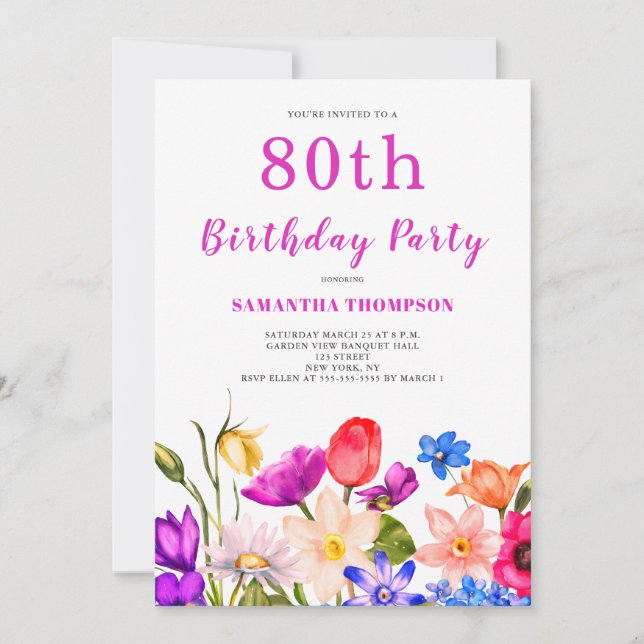 Invitation 80e anniversaire Pink Floral (Devant)
