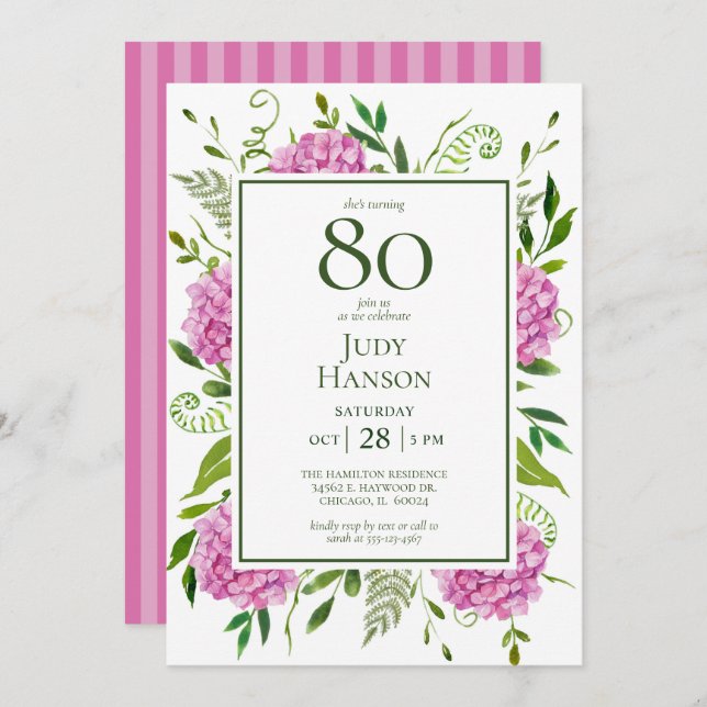 Invitation 80e anniversaire Pink Hydrangeas (Devant / Derrière)