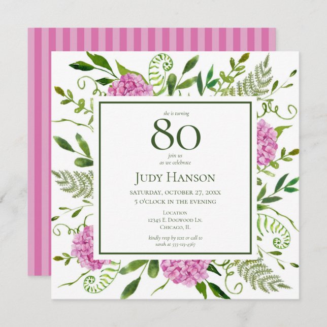 Invitation 80e anniversaire Pink Hydrangeas (Devant / Derrière)