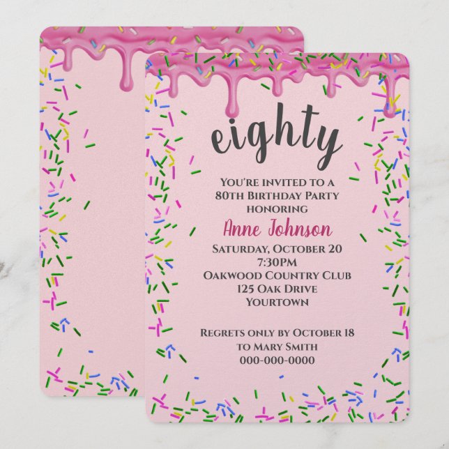 Invitation 80e Anniversaire Pink Icing Et Sprinkles (Devant / Derrière)