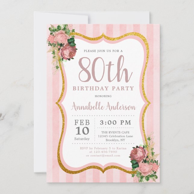 Invitation 80e anniversaire Pink Stripe Floral Gold Parties s (Devant)