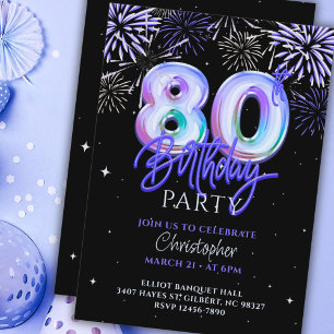 Invitation 80e anniversaire pour lui Blue Fireworks Foil Ball