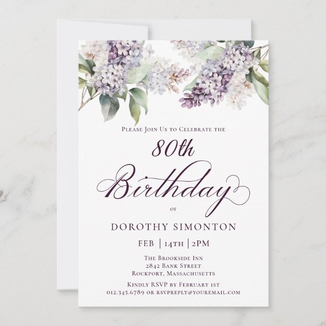 Invitation 80e anniversaire Purple Spring Fleur Lilac (Devant)