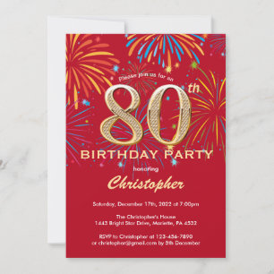 Invitation 80e anniversaire Red and Gold Rainbow Fireworks