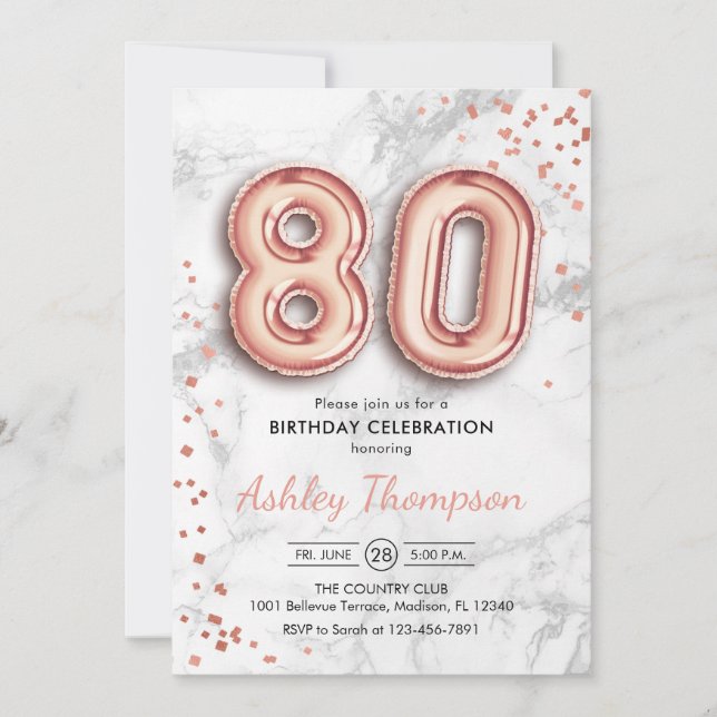 Invitation 80e anniversaire - Rose Ballons d'or effet de marb (Devant)