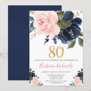 Invitation 80e anniversaire rose et bleu marine floral