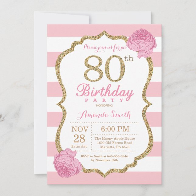 Invitation 80e anniversaire rose et or Floral (Devant)