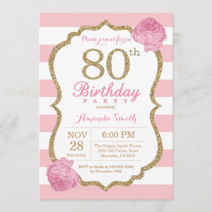 Invitation 80e anniversaire rose et or Floral