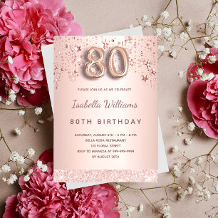 Invitation 80e anniversaire rose or rose étoiles script ballo