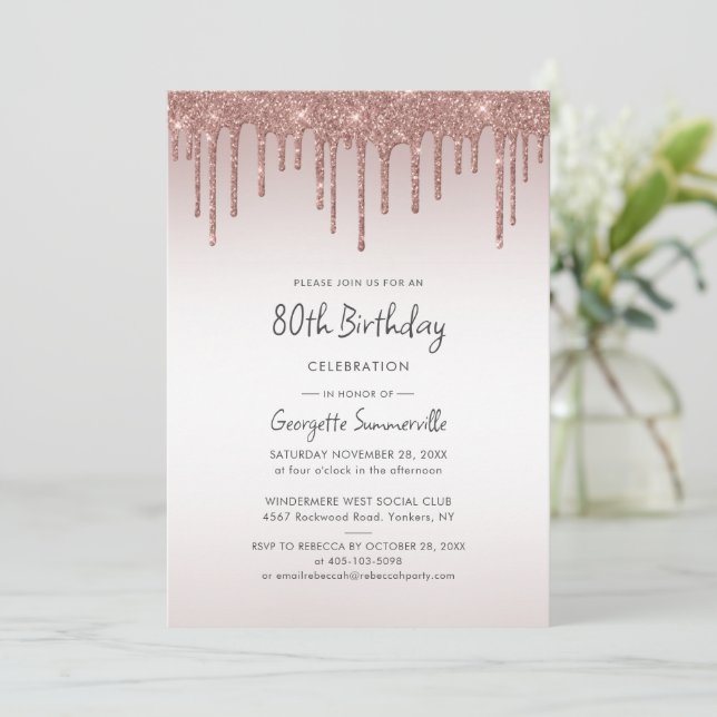 Invitation 80e anniversaire Rose Parties scintillant or  Drip (Debout devant)
