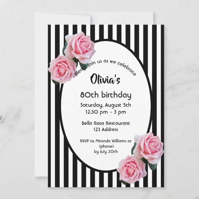 Invitation 80e anniversaire rose roses noir blanc rayures (Devant)