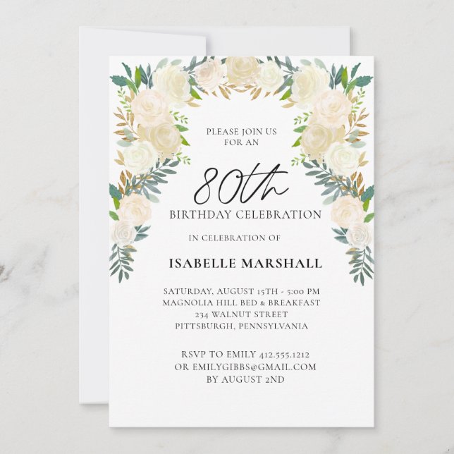 Invitation 80e anniversaire Roses blanches Floral Script Part (Devant)